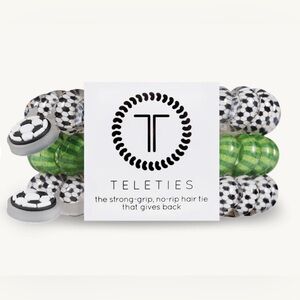 TELETIES Soccer Large Hair Ties 3 pack NEW Black White Green Bracelets Stack